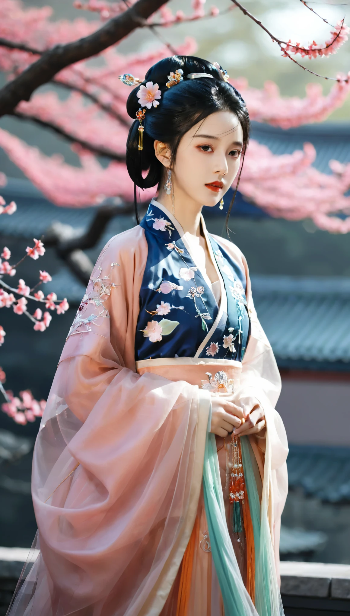 masterpiece,best quality,8K,official art,ultra high res,1girl,looking at viewer,chinese clothes,hanfu,jewelry,hair ornament,upper body,solo,earrings,hyper_galaxy,torii,flower,black hair,necklace,teeth,hair bun,dress,parted lips,hair flower,((full body)),dress,hanfu,embroidery,exquisite,meticulous,(tulle:1.4),