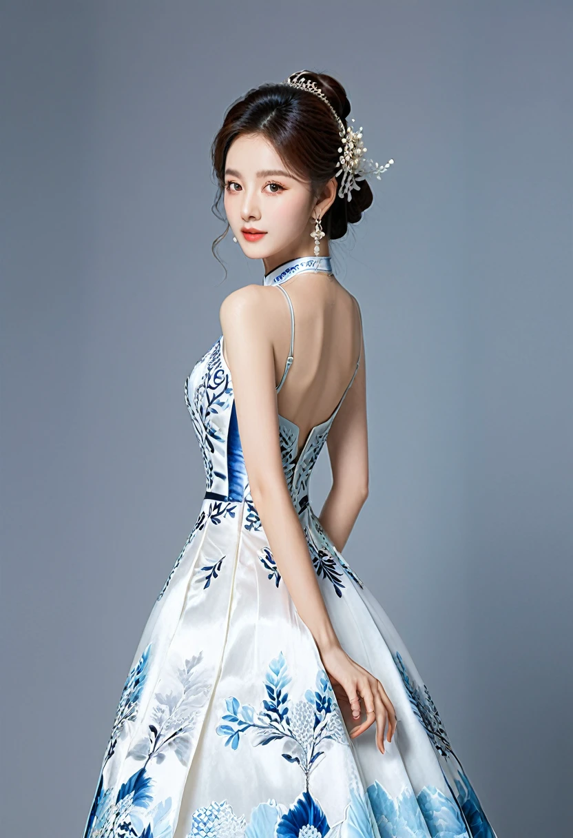 Realistic photo style, whole body 사진에 아름다운 아시아 소녀가 등장합니다., Wearing a unique ethnic style evening gown with delicate skin., bright and lively eyes, Thick eyelashes that look especially attractive. Long dresses are slim and elegant., Eye-catching silver jewelry and alcohol. The high-collar design adds an elegant atmosphere., Color of blue and white porcelain. using light and shadow, The vivid and harmonious appearance of the protagonist is highlighted... whole body, (masterpiece, best quality, professional, perfect composition, very aesthetic, absurd, very detailed, intricate details:1.3)
