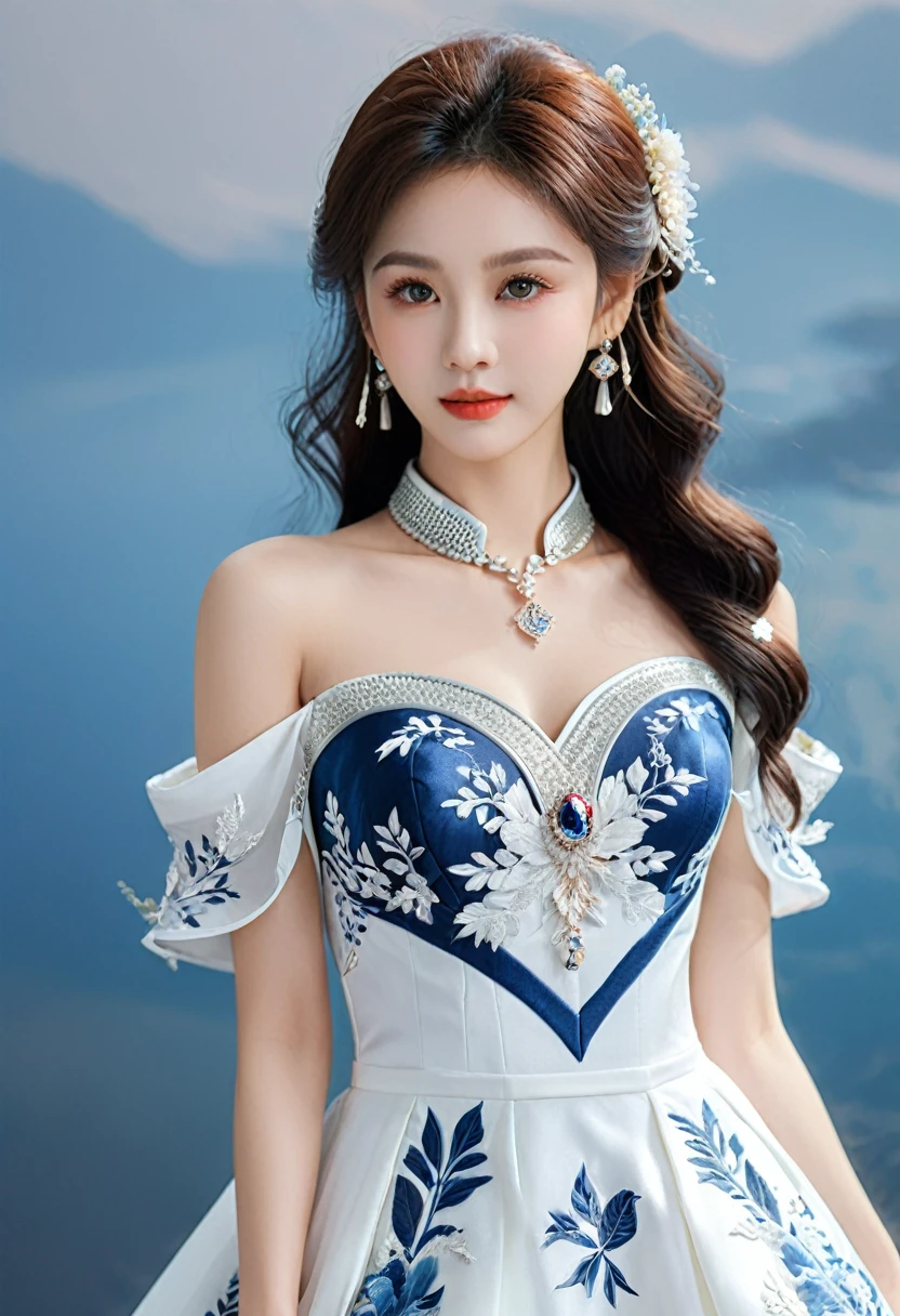 Realistic photo style, whole body 사진에 아름다운 아시아 소녀가 등장합니다., Wearing a unique ethnic style evening gown with delicate skin., bright and lively eyes, Thick eyelashes that look especially attractive. Long dresses are slim and elegant., Eye-catching silver jewelry and alcohol. The high-collar design adds an elegant atmosphere., Color of blue and white porcelain. using light and shadow, The vivid and harmonious appearance of the protagonist is highlighted... whole body, (masterpiece, best quality, professional, perfect composition, very aesthetic, absurd, very detailed, intricate details:1.3)