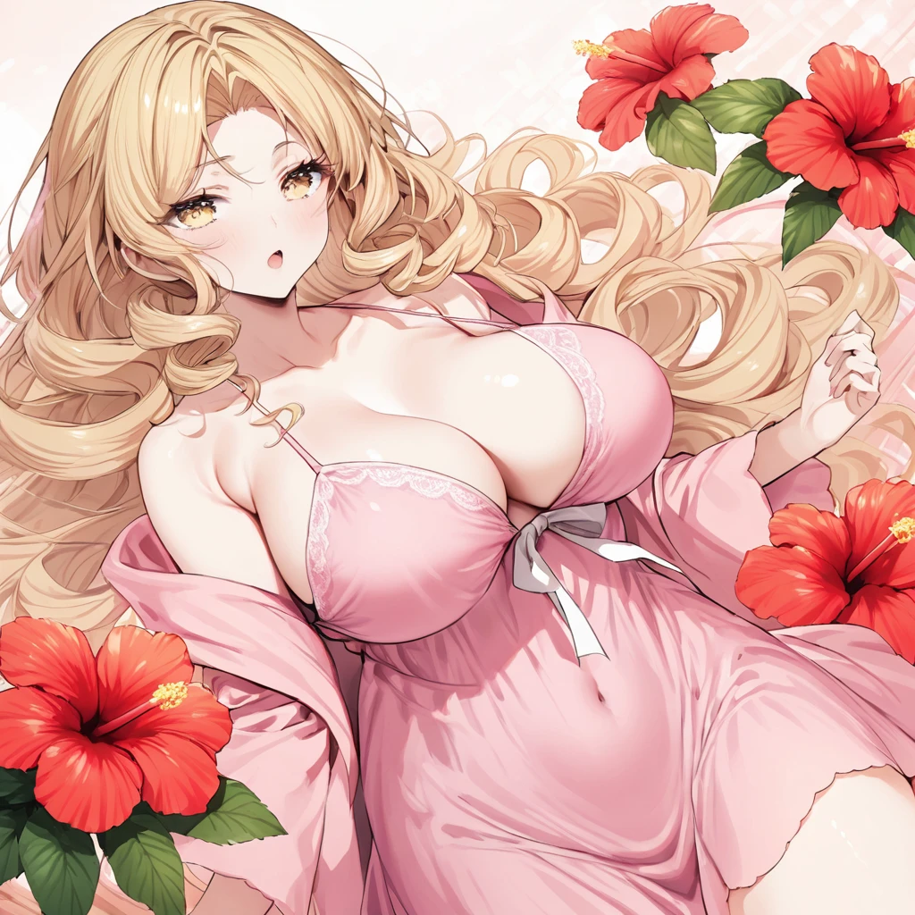 Pink nightgown, long blonde curly hair, hibiscus, big breasts