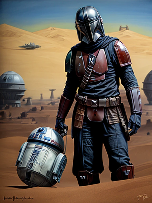 ((masterpiece)), painting of a ((Mandalorian)) bounty hunter, Star wars, Tatooine, space, stars, art by John J. Park