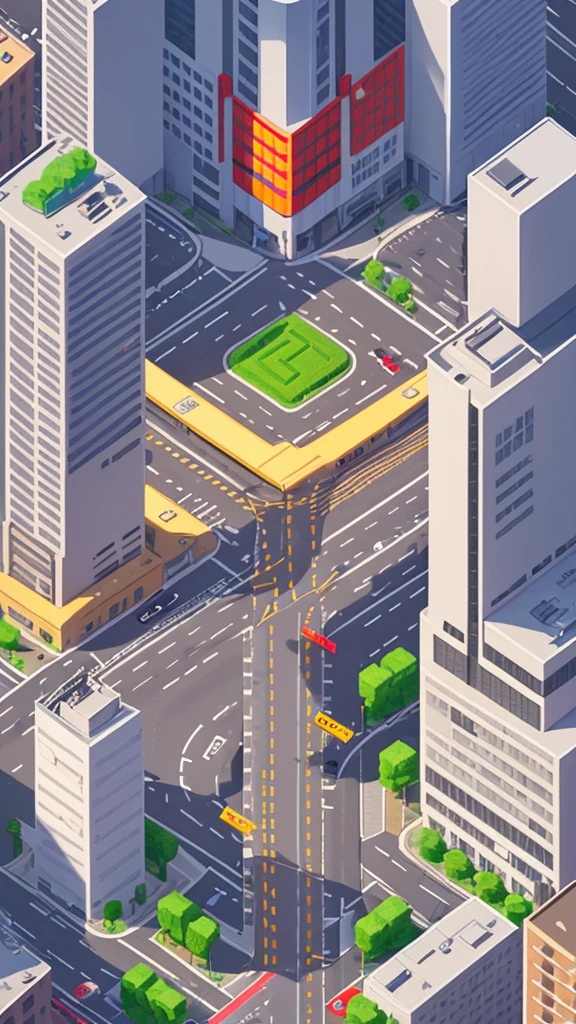 Straight road running through the center of the city, game concept, game map, pixel, pixel art, (straight road:1.2), paved road, vertical, bird's eye view, modern city, modern buildings, post-apocalypse, front projection