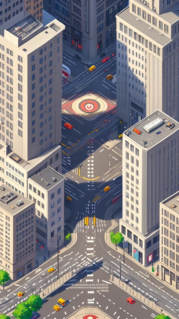 Straight road running through the center of the city, game concept, game map, pixel, pixel art, (straight road:1.2), paved road, vertical, bird's eye view, modern city, modern buildings, post-apocalypse, front projection