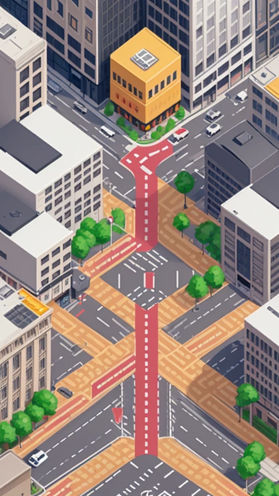 Straight road running through the center of the city, game concept, game map, pixel, pixel art, (straight road:1.2), paved road, vertical, bird's eye view, modern city, modern buildings, post-apocalypse, front projection