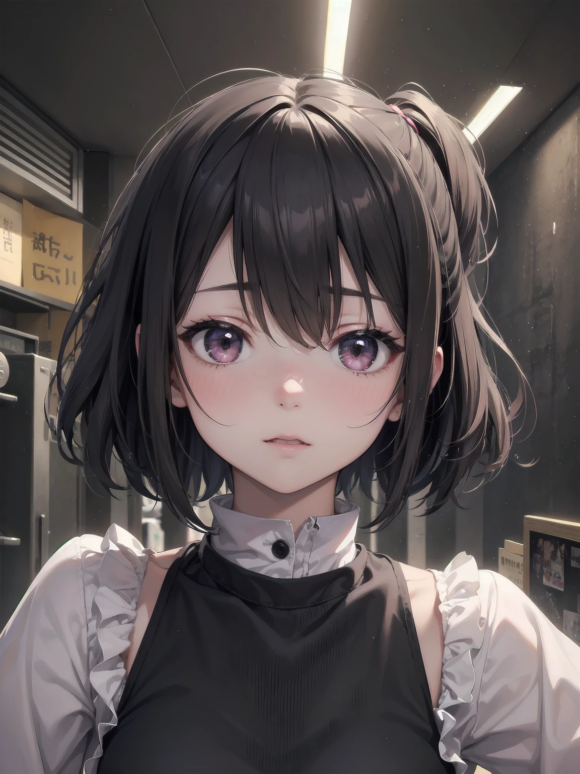 Masterpiece、Cinematic、Highest quality、Super detailed、Detailed clothing、Clear Face、Detailed face、Detailed skin、1人のgirl、6 years old、girl、、Torn clothes、、Worn clothes、Embarrassing、blush、Looking down、Loose wearing、despair、fear、A dark room、Blackout