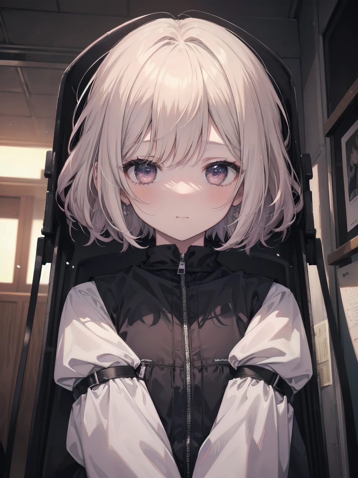 Masterpiece、Cinematic、Highest quality、Super detailed、Detailed clothing、Clear Face、Detailed face、Detailed skin、1人のgirl、、girl、、Torn clothes、、Worn clothes、Embarrassing、blush、Looking down、Loose wearing、despair、fear、A dark room、Blackout