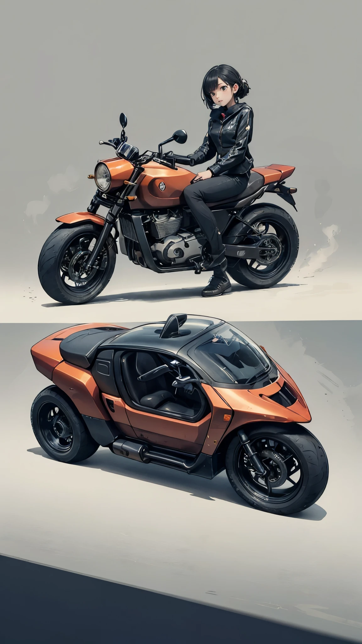 Futuristic motorcycle based on the Honda Super Cub、yellow、Photographed from directly in front、Simple Background