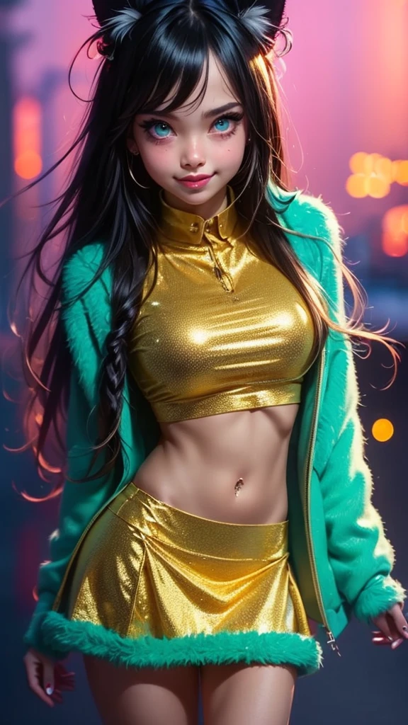 vibrant colors, 1 girl, masterpiece, sharp focus, best quality, depth of field, cinematic lighting, detailed outfit, cat girl, cat ears, cat tail, green eyes, smile, parted lips, (bioluminescence:1.1), cute, (underboob:0.9), (navel:0.9), fur hair ornament, shirt fur costume, (miniskirt made of shirt fur:1.1), (arms behind back:1.1), vast sky, golden sun, looking at viewer, 