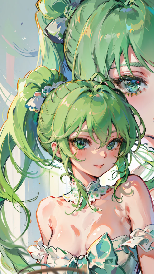 (masterpiece:1.2), (best quality:1.2), (ultra-detailed:1.2), finely detail, perfect anatomy, one girl, Green hair, ponytail hair, gradient hair, smile, long eyelashes,