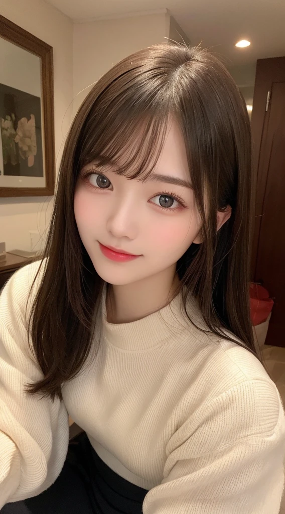 Tabletop, Highest quality, shape, Very detailed, finely, High resolution, 8k wallpaper, 完璧なダイナミックな構shape, Beautiful and detailed, Straight hair, Small breasts, Natural color lip, Random sexy poses,smile,20-year-old girl、Midnight、Beautiful and dense face、Perfect and beautiful face,Big eyes、RAW Photos、Expressing feminine poses with the whole body、Beautiful and detailed、Small face、Beautiful Duplex、Slim face and figure,Beautiful golden ratio face、Long sleeve blouse、flare skirt