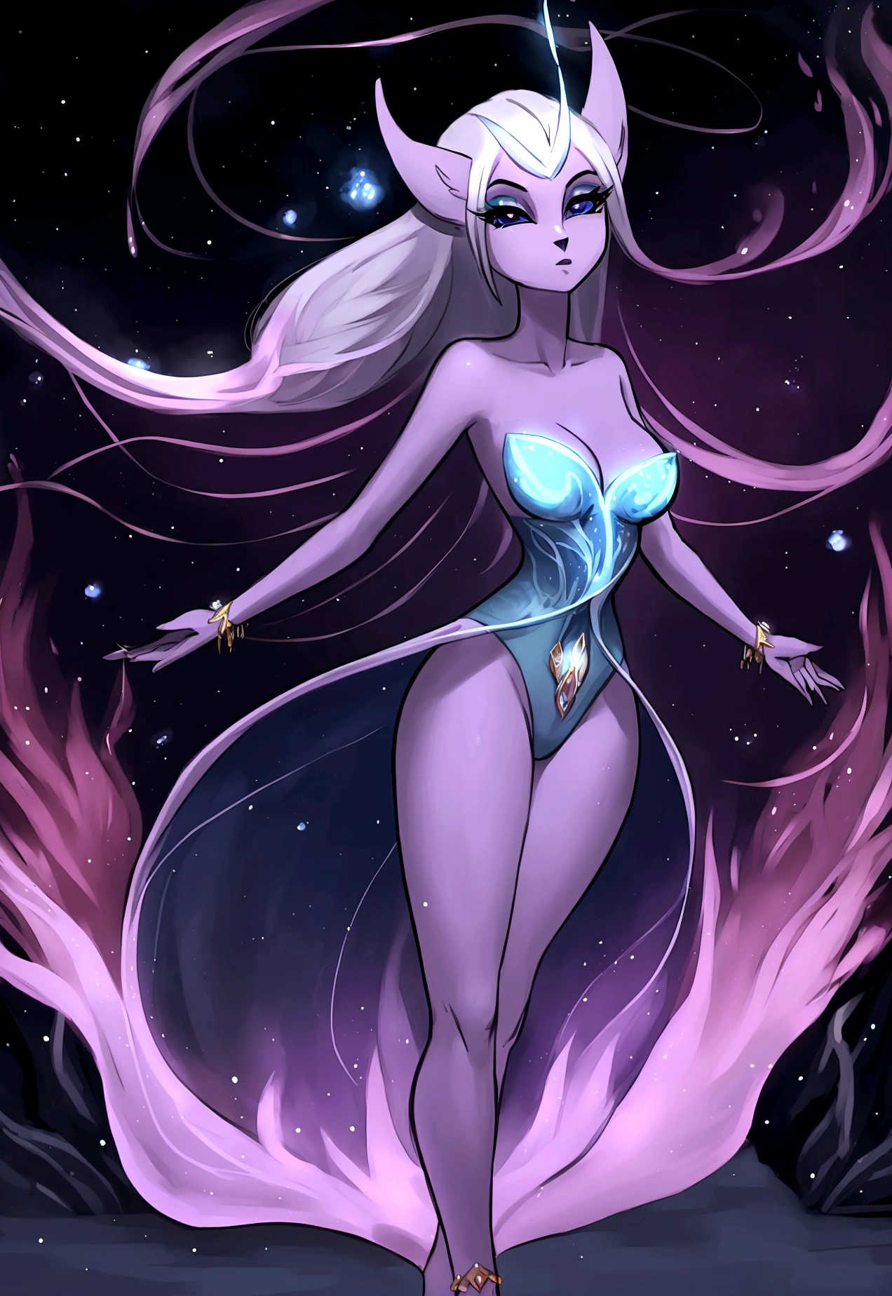 Goddess,otherworldly beauty and allure that transcends mortal comprehension. She appears as a stunning and seductive figure, radiating an aura of power and mystery that captivates all who behold her. Her form is lithe and graceful, with long limbs.
Skin is as smooth as polished marble, pale and flawless, with a subtle luminescence that casts her in an ethereal glow. Her hair cascades in waves of midnight black, tumbling down her back in a cascade of dark silk that shimmers with an otherworldly sheen. Her eyes burn with an intense, otherworldly light, their color shifting like the flickering flames of a dying fire, drawing the viewer into their depths with an irresistible pull.
Adorned in garments of flowing silk and gossamer lace, Astarte's attire is as beguiling as she is, clinging to her form like a second skin and accentuating every curve and contour of her divine figure. Jewels of dark crystal and precious metals adorn her form, sparkling and glinting with an inner light that seems to pulse with the very essence of darkness itself.