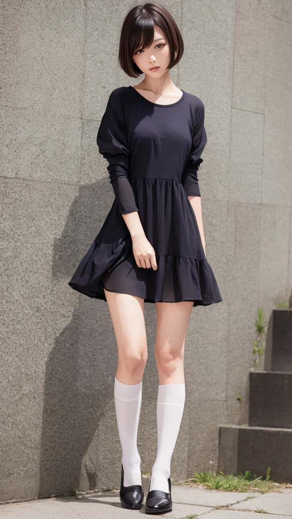 Short Bob Hair　Rika Adachi　Chiffon flare dress　Knee-high socks　