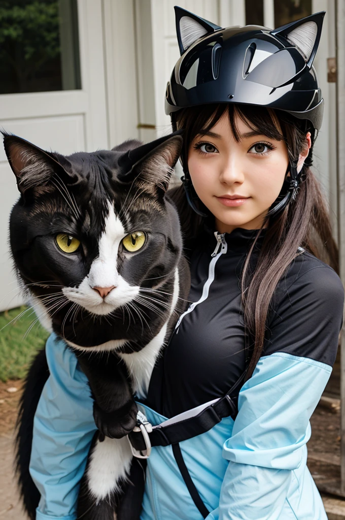 An anime girl with a bike and a cat helmet