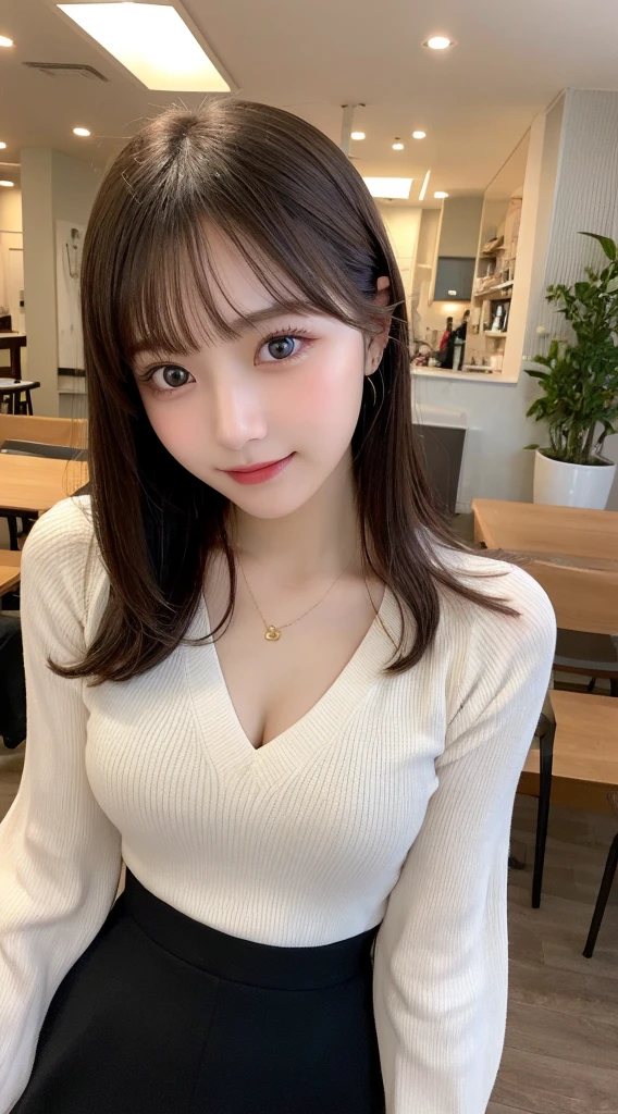 Tabletop, Highest quality, shape, Very detailed, finely, High resolution, 8k wallpaper, 完璧なダイナミックな構shape, Beautiful and detailed, Straight hair, Small breasts, Natural color lip, Random sexy poses,smile,20-year-old girl、Midnight、Beautiful and dense face、Perfect and beautiful face,Big eyes、RAW Photos、Expressing feminine poses with the whole body、Beautiful and detailed、Small face、Beautiful Duplex、Slim face and figure,Beautiful golden ratio face、Long sleeve blouse、flare skirt