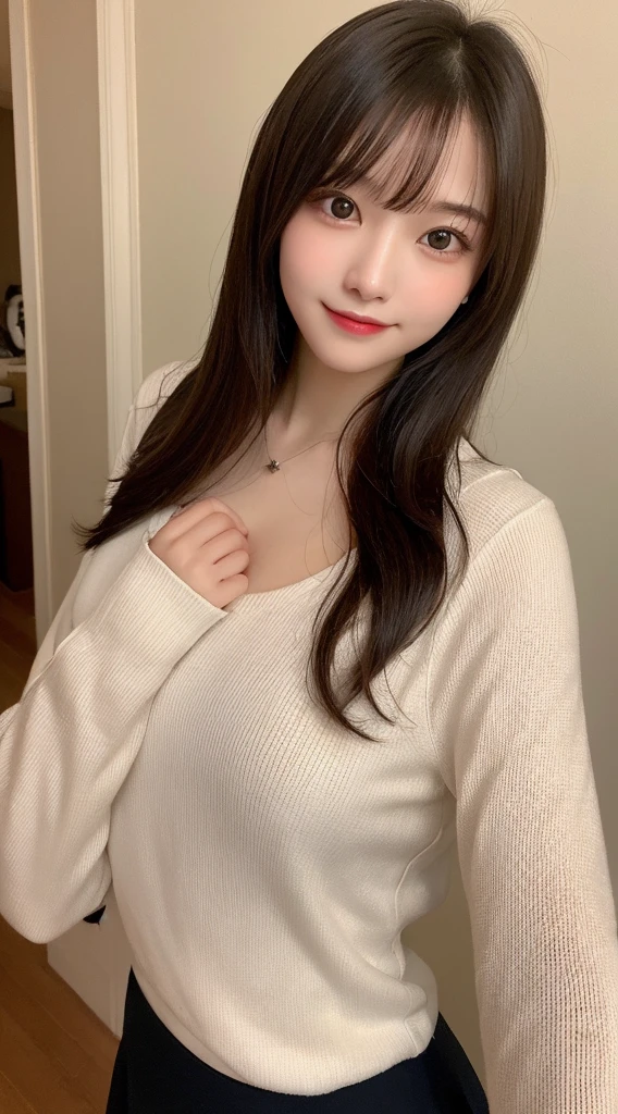 Tabletop, Highest quality, shape, Very detailed, finely, High resolution, 8k wallpaper, 完璧なダイナミックな構shape, Beautiful and detailed, Straight hair, Small breasts, Natural color lip, Random sexy poses,smile,20-year-old girl、Midnight、Beautiful and dense face、Perfect and beautiful face,Big eyes、RAW Photos、Expressing feminine poses with the whole body、Beautiful and detailed、Small face、Beautiful Duplex、Slim face and figure,Beautiful golden ratio face、Long sleeve blouse、flare skirt