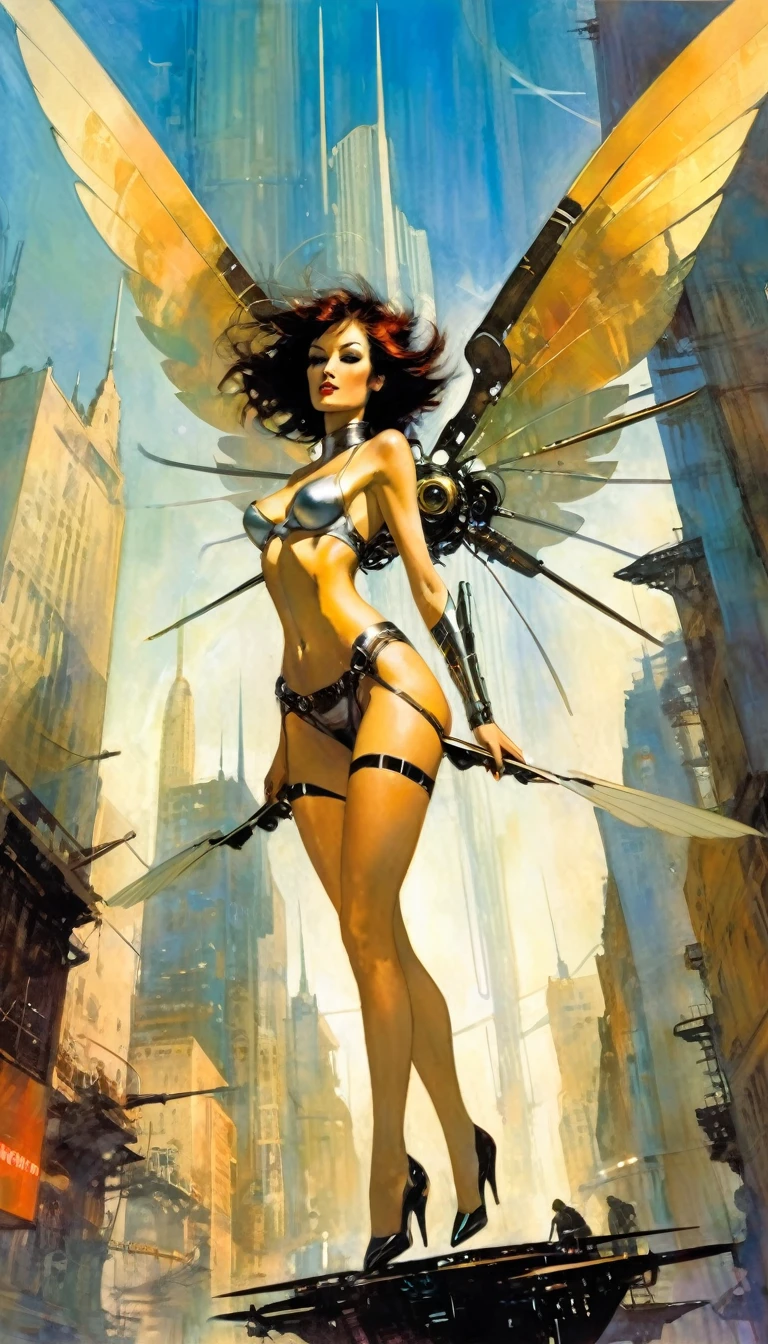 Chopped shot, a very sexy woman with metal wings, mechanical wings, flies over an impressive futuristic city.(art inspired in Bill Sienkiewicz). oil painting)