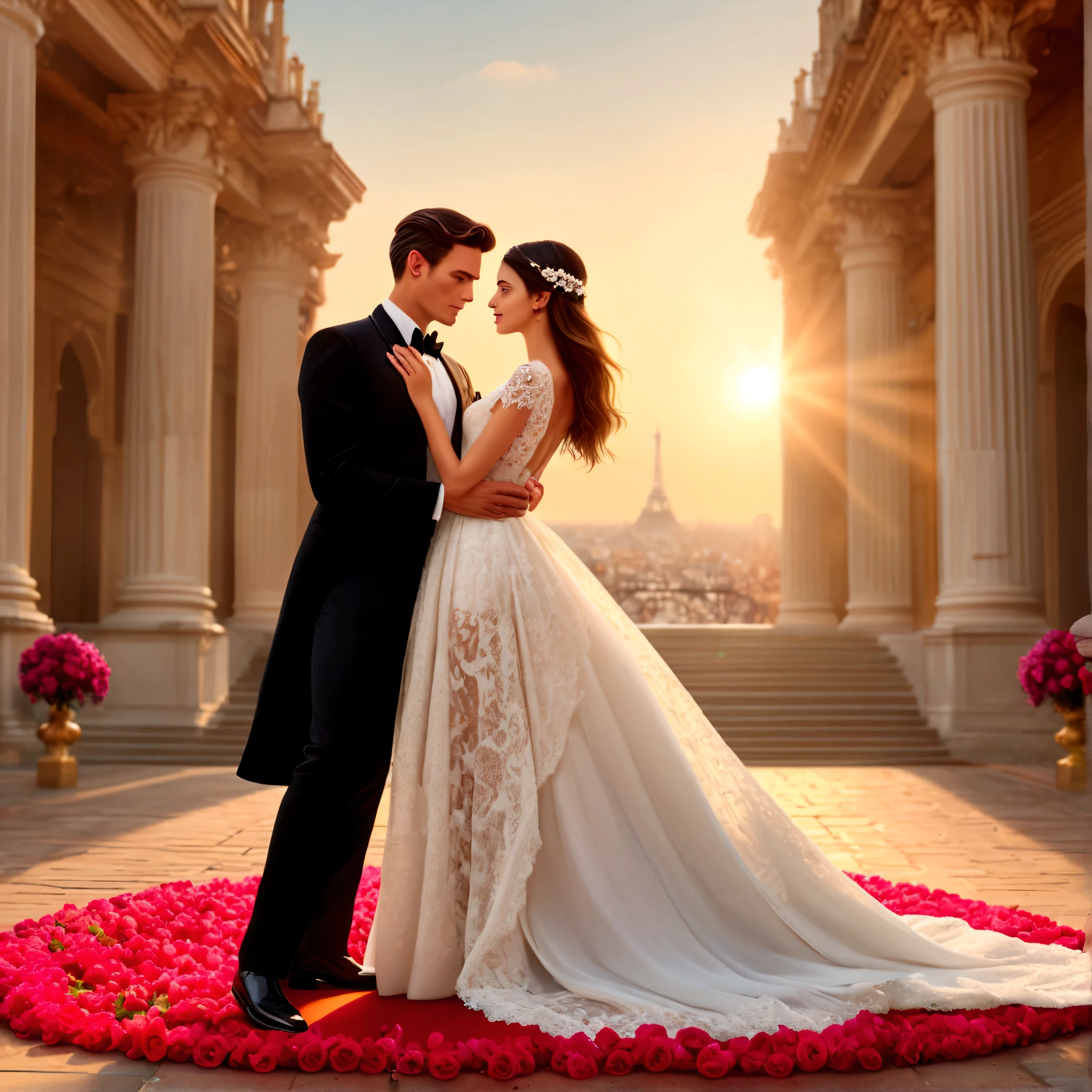 (ultra detailed, Best quality, A high resolution), whole body, dynamic angle,Smooth and dynamic,Cinematic,a woman and a man stand in the middle of a beautiful place, man gets down on one knee, to make an assumption to marry him (masterpiece:1.4), An elaborate outfit, woman in long dress with lace details, man in tuxedo, custom made, their faces express joy and love, background decorated with bright flowers and romantic decorations, (A high resolution:1.4), The woman's shiny skin and the man's formal attire create a striking contrast.., atmosphere, filled with happiness and the promise of a lifetime of dedication. (BREAK) intimate moment, couple exchanges loving glances, Hands and arms carefully