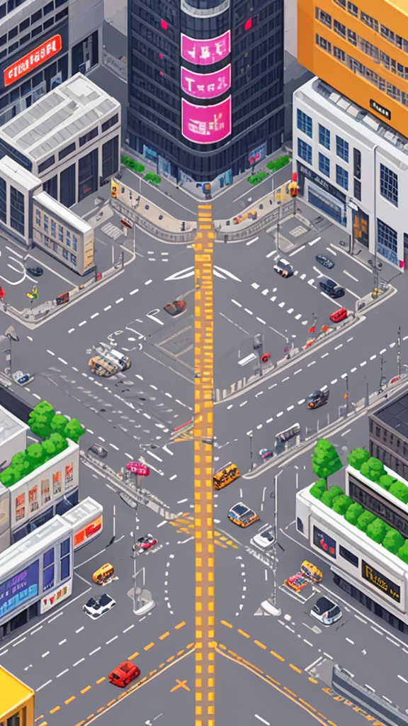 Straight road running through the center of the city, game concept, game map, pixel, pixel art, (straight road:1.2), paved road, vertical, bird's eye view, modern city, modern buildings, post-apocalypse, (front projection:1.2)