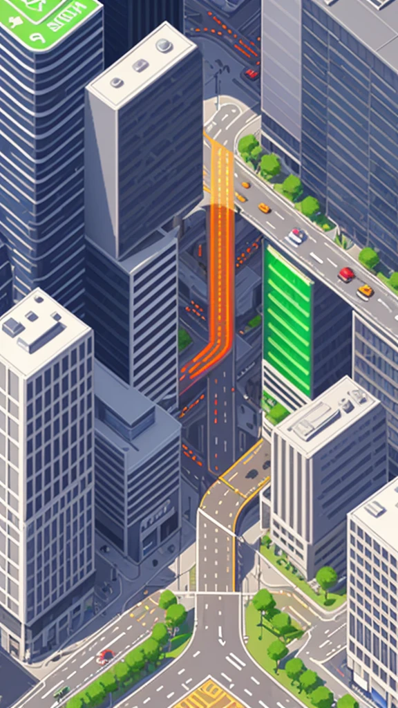 Straight road running through the center of the city, game concept, game map, pixel, pixel art, (straight road:1.2), paved road, vertical, bird's eye view, modern city, modern buildings, post-apocalypse, (front projection:1.2)