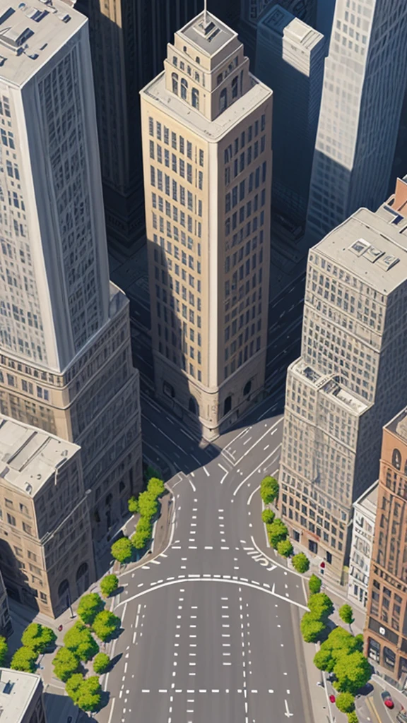 Straight road running through the center of the city, game concept, game map, pixel, pixel art, (straight road:1.2), paved road, vertical, bird's eye view, modern city, modern buildings, post-apocalypse, (front projection:1.2)