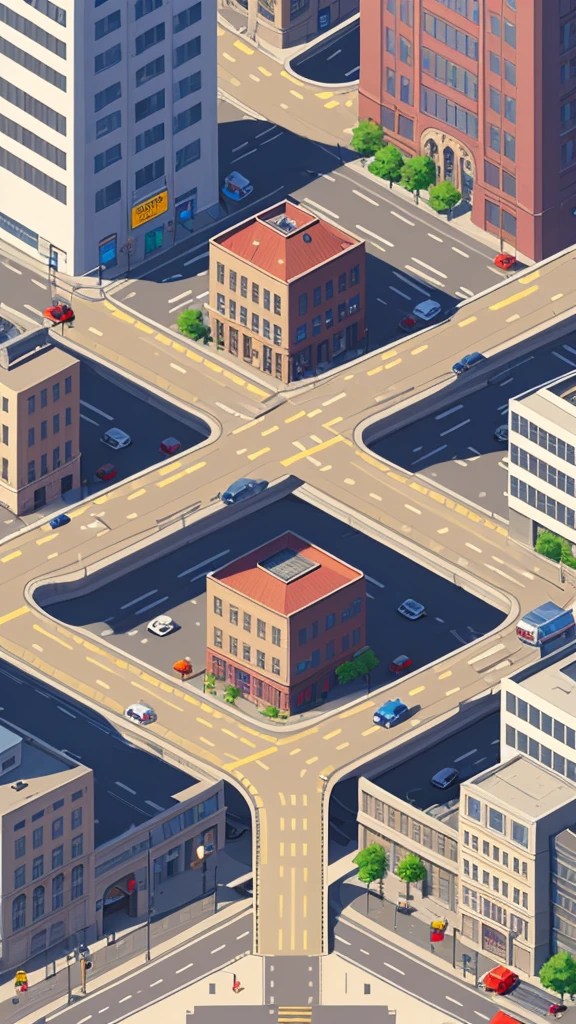 Straight road running through the center of the city, game concept, game map, pixel, pixel art, (straight road:1.2), paved road, vertical, bird's eye view, modern city, modern buildings, post-apocalypse, (front projection:1.2)