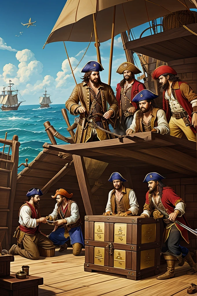 Illustration for the novel"Treasure Island"with pirates loading chests of gold onto a ship 