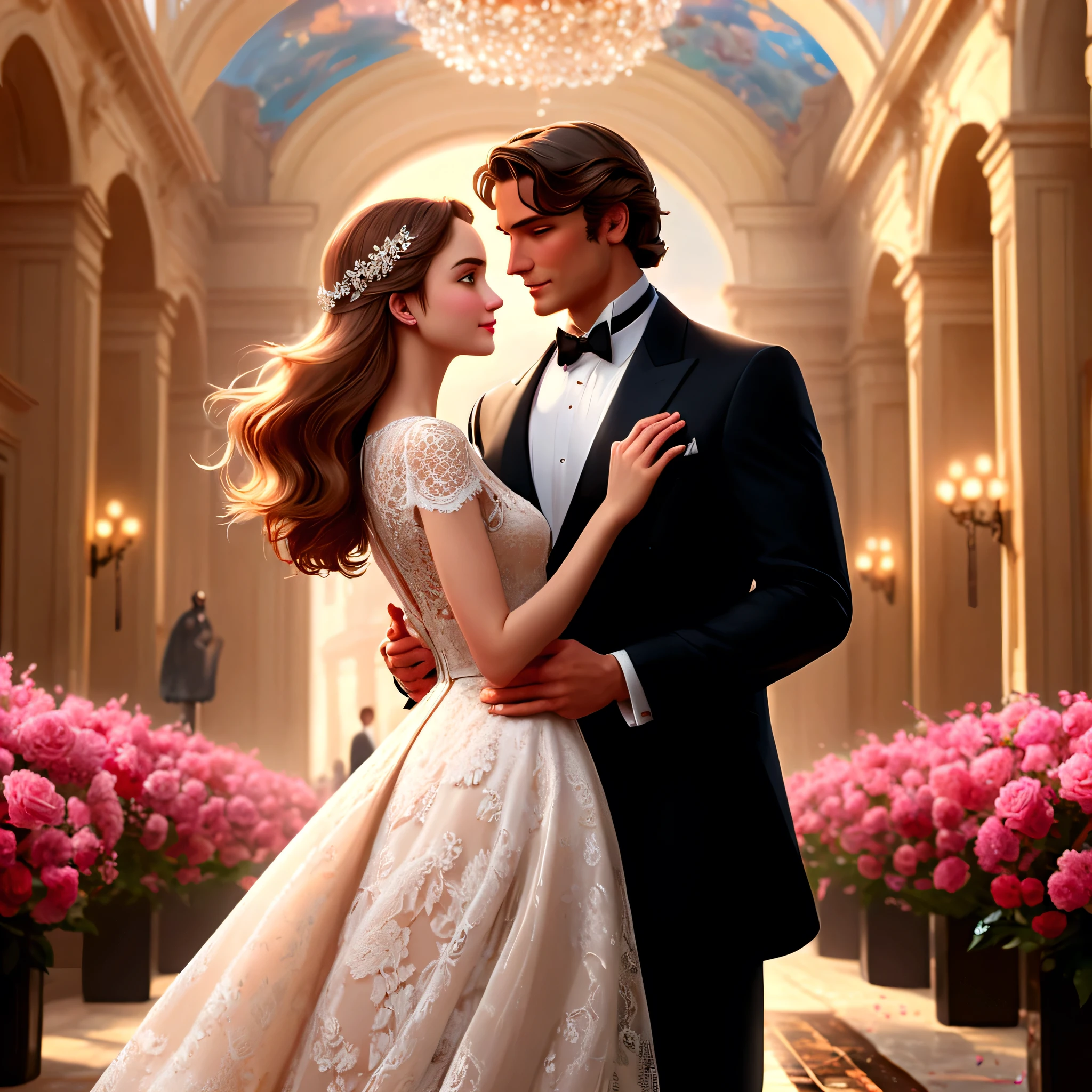 (ultra detailed, Best quality, A high resolution), whole body, dynamic angle,Smooth and dynamic,Cinematic,woman and man standing in the middle of a beautiful place for a date, (masterpiece:1.4), An elaborate outfit, woman in long dress with lace details, man in tuxedo, custom made, their faces express joy and love, background decorated with bright flowers and romantic decorations, (A high resolution:1.4), The woman&#39;s shiny skin and the man&#39;s formal attire create a striking contrast.., atmosphere, filled with happiness and the promise of a lifetime of dedication. (BREAK) intimate moment, couple exchanges loving glances, Hands and arms carefully