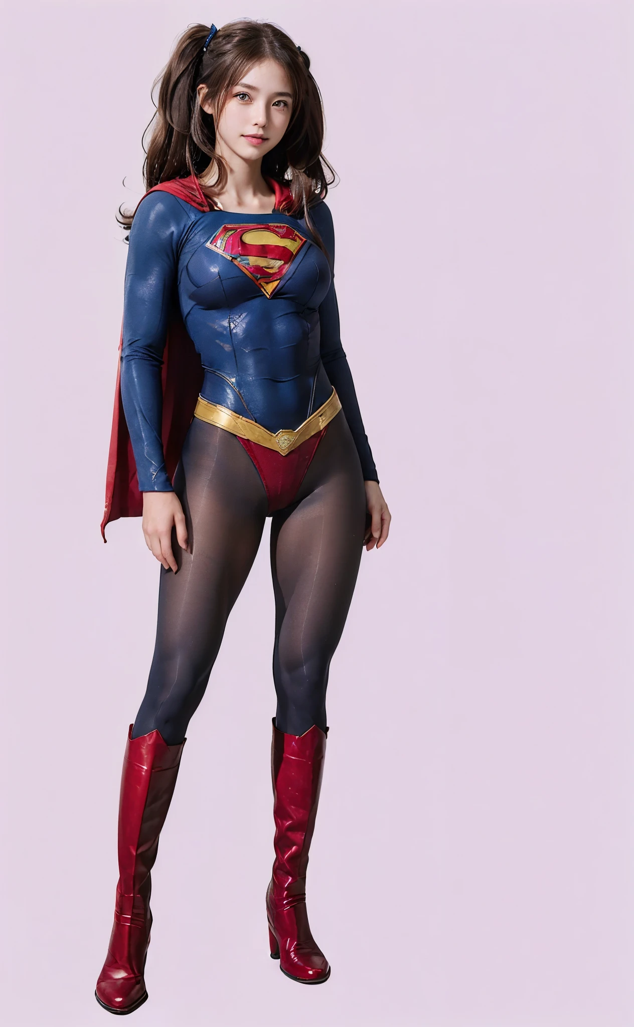 No background、(((Beautiful legs in black tights.)))、(((smile)))、(((あなたのsmileの美しさを合法的に表現する)))、((((Make the most of your original images)))、(((Supergirl Costume)))、(((Beautiful hair with twin tails)))、(((suffering)))、(((Please wear black tights....、Wear red boots)))、((Best image quality、8K))、((Highest quality、8K、masterpiece:1.3))、(((Preserve background )))、Sharp focus:1.2、Beautiful woman with perfect figure:1.4、Slim Abs:1.2、Wet body:1.5、Highly detailed face and skin texture、8K