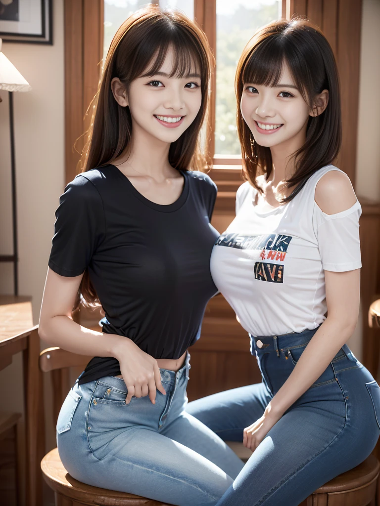 Highest quality, masterpiece, Ultra-high resolution, (Realistic:1.4), 20-year-old,((2 girls)),((They are cheek to cheek.)),super high quality,8K,thinウエスト,thin脚,thin and beautiful arms,Beautiful fingers,((Super Realistic image quality)),sale eye makeup,thin,Medium Chest,Soft Breasts,(((生地thin短いタイトなＴShirt and jeans only))),The shirt is short、 ,,Beautiful breasts,((Straight hair to shoulders)),((Bangs short)),Realistic,Image Media Chest)),((Smiling with teeth showing)),((Big smile))