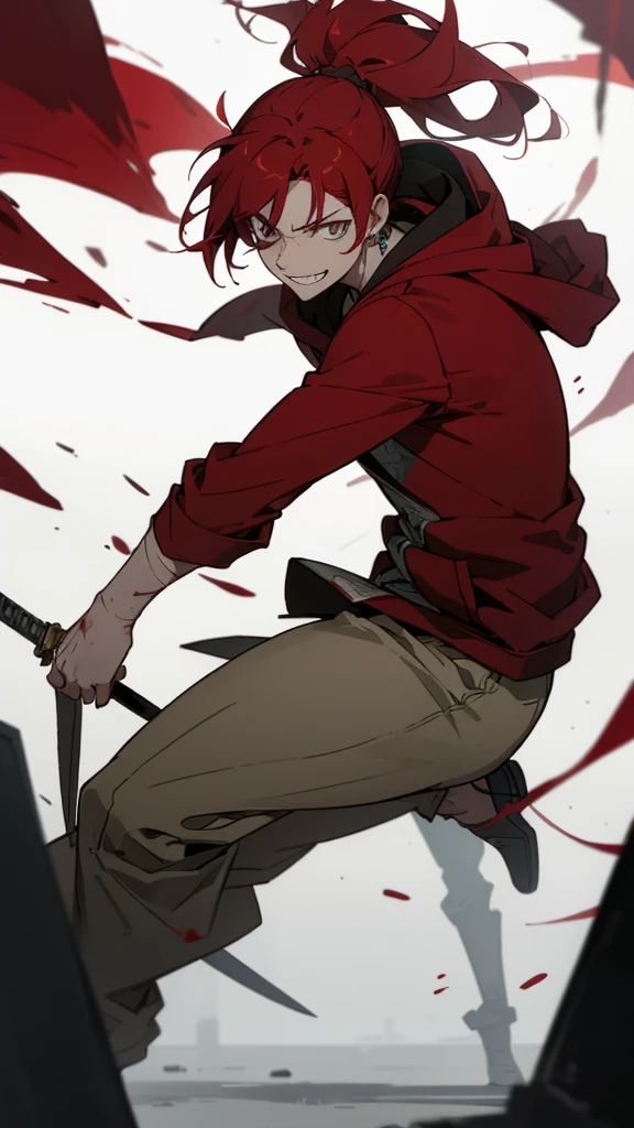 boy, red hair tied in a ponytail, reflective white eyes, holding a dagger, q shaped dagger, bloodied clothes, battle grin, modern clothing, hoodie, wounded,
