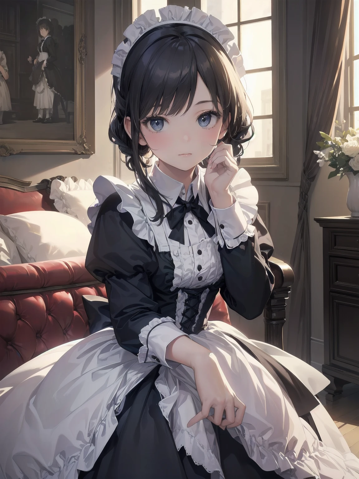 (Highest quality、16K、masterpiece、Ultra-high resolution、Victorian era、Photorealistic:1.2)、A delicate Lolita girl, aged 13、Cute pose of a lolita maid