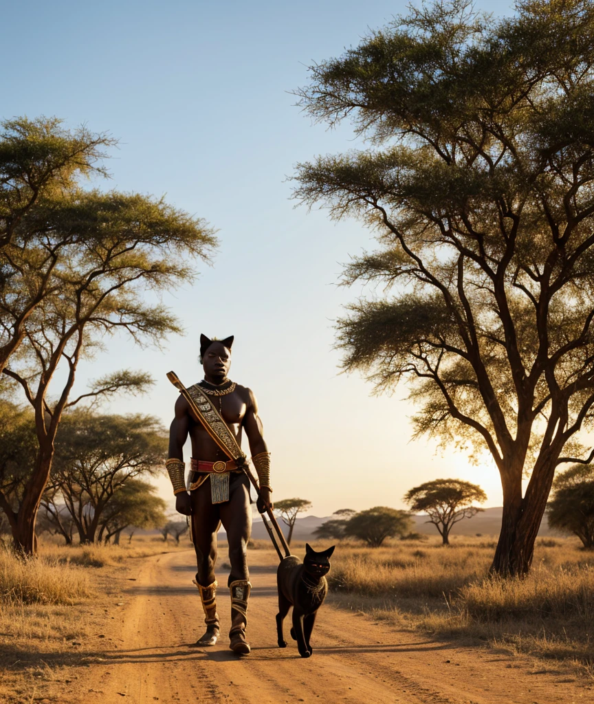 A muscular black cat with distinct feline features, dressed as a Zulu warrior with traditional armor made of hides and feathers, returning from a patrol in the African savanna. He walks with purpose, his spear and shield in hand, moving through the tall grasses and past acacia trees. The morning sun casts a golden light over the scene, creating long shadows and a sense of calm. Mnyama's eyes are alert and focused, ready to protect his village from any threats.