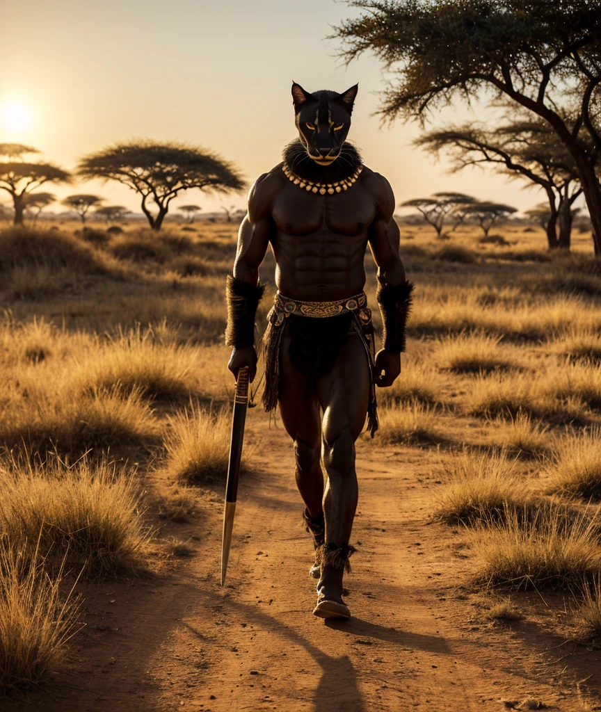 A muscular black cat with distinct feline features, dressed as a Zulu warrior with traditional armor made of hides and feathers, returning from a patrol in the African savanna. He walks with purpose, his spear and shield in hand, moving through the tall grasses and past acacia trees. The morning sun casts a golden light over the scene, creating long shadows and a sense of calm. Mnyama's eyes are alert and focused, ready to protect his village from any threats.