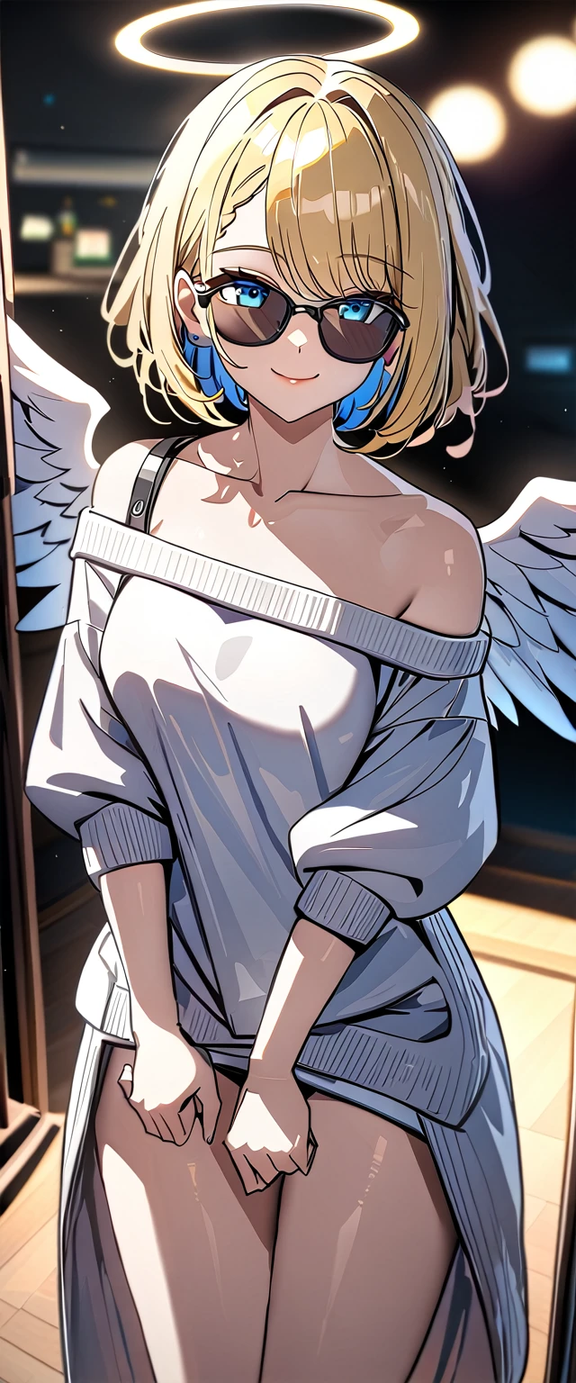 ((angel, big big white wings:1.3, halo:1.3)), ((from above)), (((sunglasses, hand to sunglasses))), (((cowboy shot))), archangel Uriel, ((wavy hair, inward curled hair)), evening, Sunset, ((blond hair, bob cut:1.3)), breasts, ager, (looking at viewer), oversized clothes, puffy long sleeves, ((off-shoulder sweater:1.3, Quite thick shoulder straps)), ((white sweater)), collarbone, head tilt:1.3, (((blue eyes))), ((happy smile)), (((anime style))), (best quality, 4K, 8K, highres, masterpiece:1.2, ultra-detailed, ultra-detailed eyes, HDR, uhd, studio lighting, ultra-fine painting, sharp focus, physically-based rendering, extreme detail description, professional, vivid colors, bokeh)