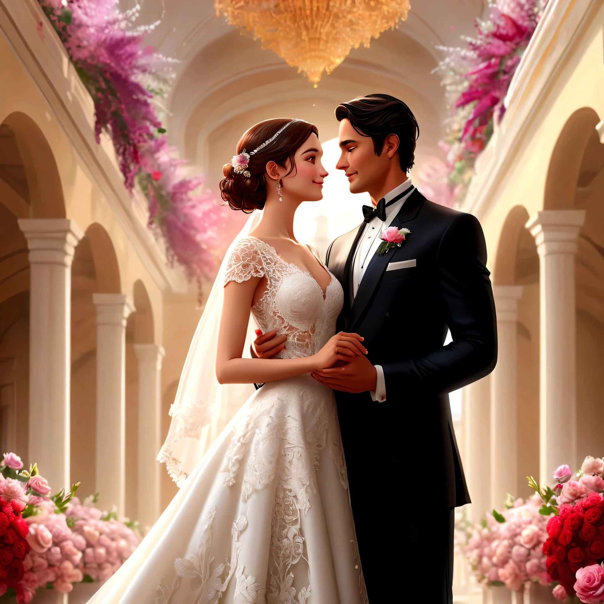 (ultra detailed, Best quality, A high resolution), whole body, dynamic angle,Smooth and dynamic,Cinematic,woman and man stand in the middle of a beautiful wedding venue, (masterpiece:1.4), An elaborate outfit, woman in long dress with lace details, man in tuxedo, custom made, their faces express joy and love, background decorated with bright flowers and romantic decorations, (A high resolution:1.4), The woman&#39;s shiny skin and the man&#39;s formal attire create a striking contrast.., atmosphere, filled with happiness and the promise of a lifetime of dedication. (BREAK) intimate moment, couple exchanges loving glances, Hands and arms carefully