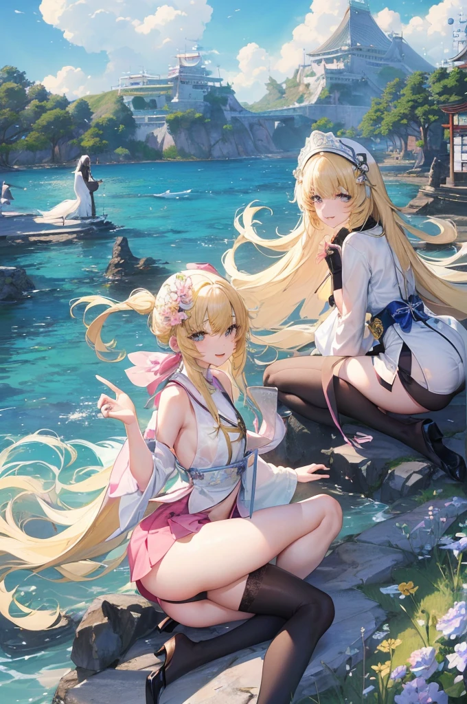 Official Art, masterpiece, Be focused, (beautiful, Beautiful and cute Korean woman:1.3), (Beautiful and cute Korean:1.3), Korean beauty, 精致beautiful头发、Eyes and face, Practical, Very detailed, beautiful女孩, Blue sky, Glowing white particles, (Side Light:1.2), Sunlight, White Cloud, Detailed clouds, Slim, Such a cute big ass, Smile with teeth bared, ((Smile with your eyes, Open your eyes)), landscape, Long and straight hair, Sexy facial expressions, architecture, (城市landscape:1.7), Dynamic Hair, very Long and straight hair, Delicate blonde hair, Green Eyes, Pink skirt, Black socks, Pale skin, Hair accessories, epic landscape,,Black high heels,Nice ass,beautiful buttocks,There'There's nothing under the skirt..,weight loss