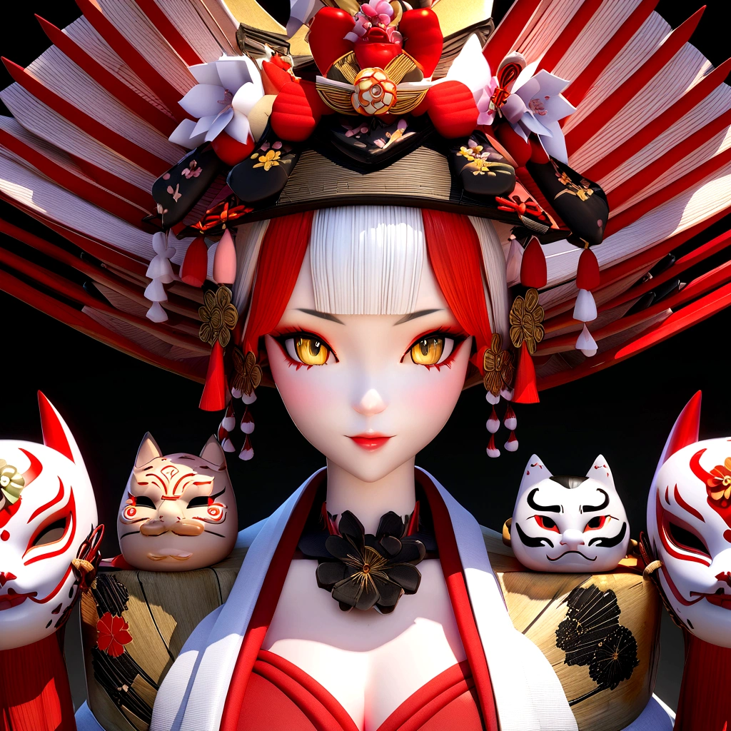 
Fascinating close-up of a Japanese doll,anime girl, Dressed in a bright red, black and white robe and matching hat., Revealing the intricate details of her Onmyoji portrait.. thoroughly, Anime-style 3D design shows off every thread of her red kimono., Textures and weaves are evident even in high quality 8k.. Her demonic nature is emphasized by her large body., Fiery devil horns, Completely different from her customary beautiful appearance.. This Japanese doll, Rendered in 3D, Showcasing Japanese art in the most detailed form possible on CStation., Popular platforms for digital artists using ZBrush. Oni doll, Anbu Fox Mask,white balance