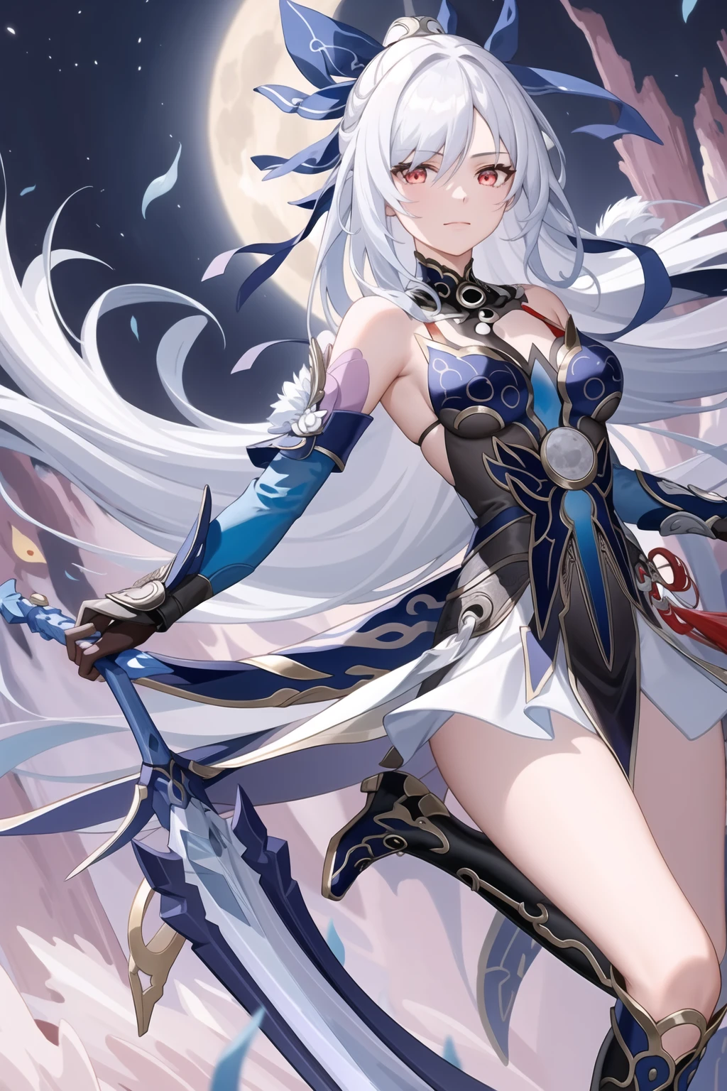 masterpiece, best quality, JingliuV5, 1girl, solo, looking at viewer, red eyes, gloves, dress, holding, bare shoulders, closed mouth, weapon, boots, sky, black gloves, sword, holding weapon, night, holding sword, moon, night sky, full moon, 