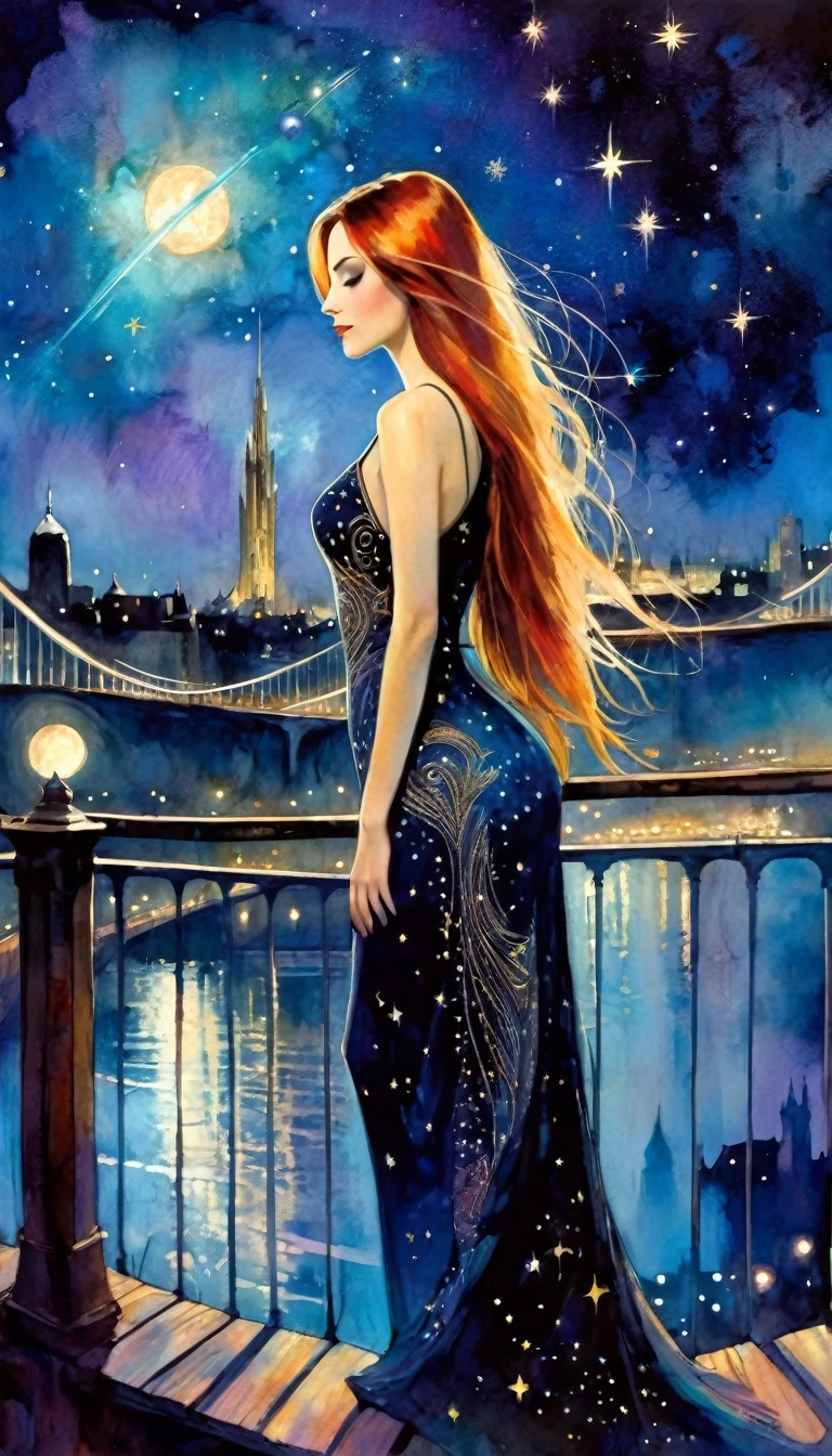 woman with long hair, sexy, with embroidered dress, magic, fantasy, night sky, stars, on a bridge overlooking the city (art inspired in Bill Sienkiewicz). oil painting) 