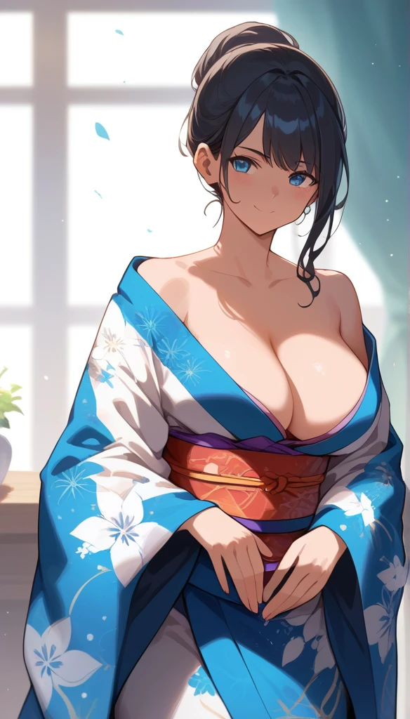 (score_9,score_8_up,score_7_up,score_6_up),masterpiece,best quality, source anime, rating_explicit, (((masterpiece))), (((best quality))), ((ultra-detailed)), ((illustration)), (1girl), (beautiful Japanese woman), (long black hair), (blue eyes), (simple background), (wearing traditional kimono), (detailed face), (perfect anatomy), (detailed light and shadow), (serene expression), (minimalist style),(cleavage:1.1),((shy smile)), (eyeshadow:0.8), digital collaring, (Sun glare;1.2), Bokeh, Depth of written boundary, Blurred Background, Particles of light, Strong winds, glossy skin, spotlight