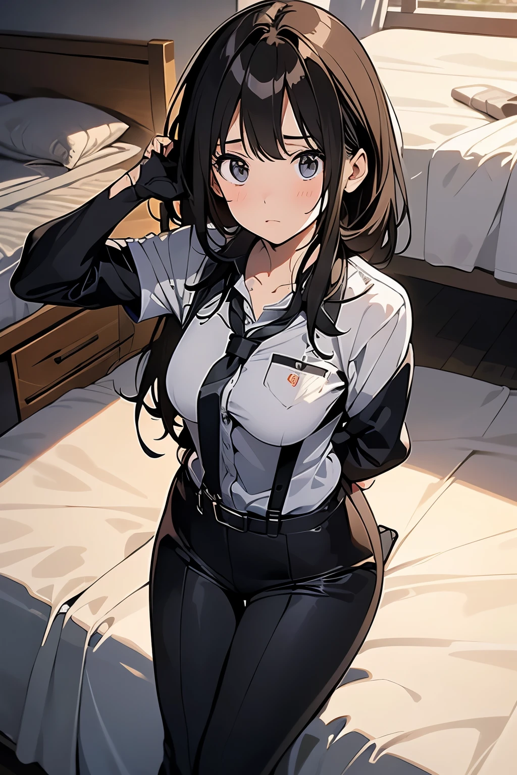 1 female, , high quality, masterpiece, Ultra-high resolution, , Cinema Lighting, , , And the suspenders with the cranes flying　　　Moderate breasts　 　 　　　　Small face　 　　　holster　　　　　　　 Lying in bed　Looking up　　　　Sweat 　　　belt　summer　脇Sweat 　Black Hole Gloves　suit　shirt　　Black jacket　 Black trousers　Leg Links　ズボンにbelt　　holster　 　　Hands behind your back　 Anxious expression　Looking up　Anxious face 