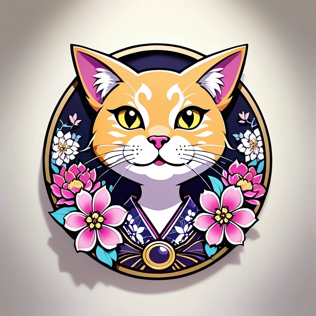 round frame, round circle, circular, create a Japanese circular seal kamon (very colorful with contrast) in the size of the picture on a white background, an indigo-gold art deco circle a floral art deco pattern in the middle the upper body picture of a stunning cat girl (long magenta hair,yellow cat eyes)with a beautifully designed clothing with georgeous patterns and flower hanfu headpiece. she is posing in front of plain graphic japanese background inside the round frame. cat ear, vampy fang,cateyes, pink cherry blossoms