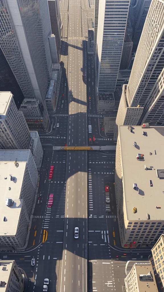 Straight road running through the center of the city, game concept, game map, pixel, pixel art, (straight road:1.2), paved road, vertical, bird's eye view, modern city, modern buildings, post-apocalypse, front projection