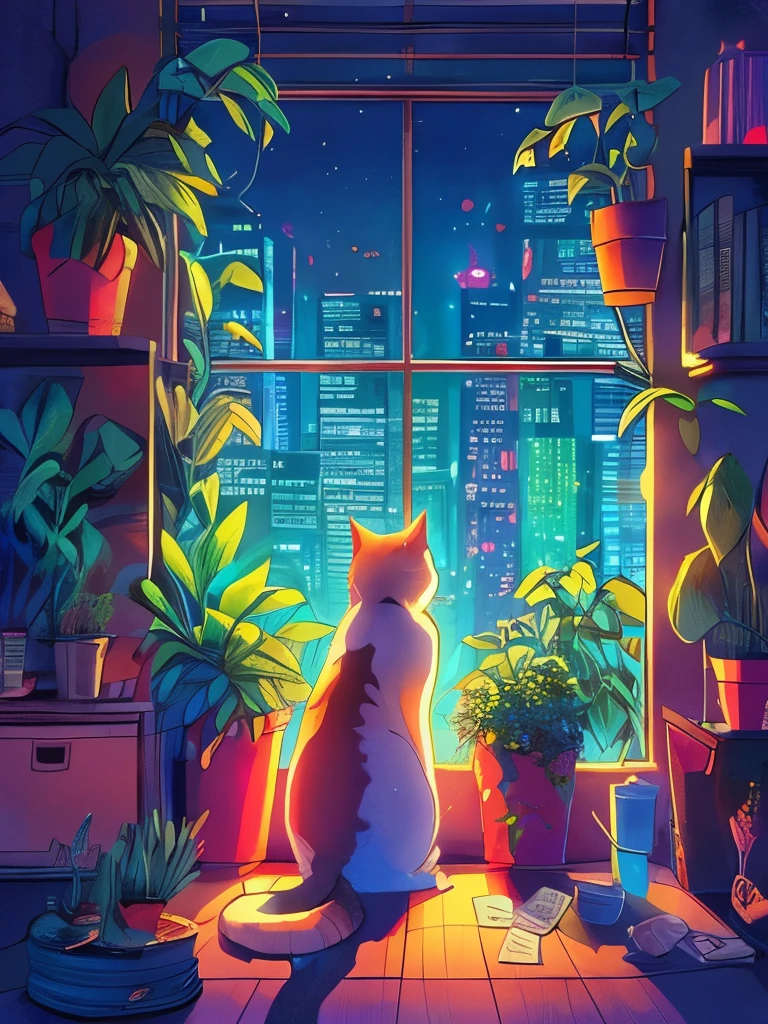 Draw a simple scene of an anime cat sitting near a window and looking at the city outside, night, Cool vibe, Money Plant, Beautiful color palette, Vivid colors,night空