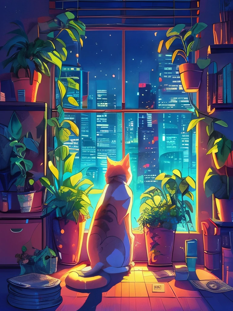 Draw a simple scene of an anime cat sitting near a window and looking at the city outside, night, Cool vibe, Money Plant, Beautiful color palette, Vivid colors,night空