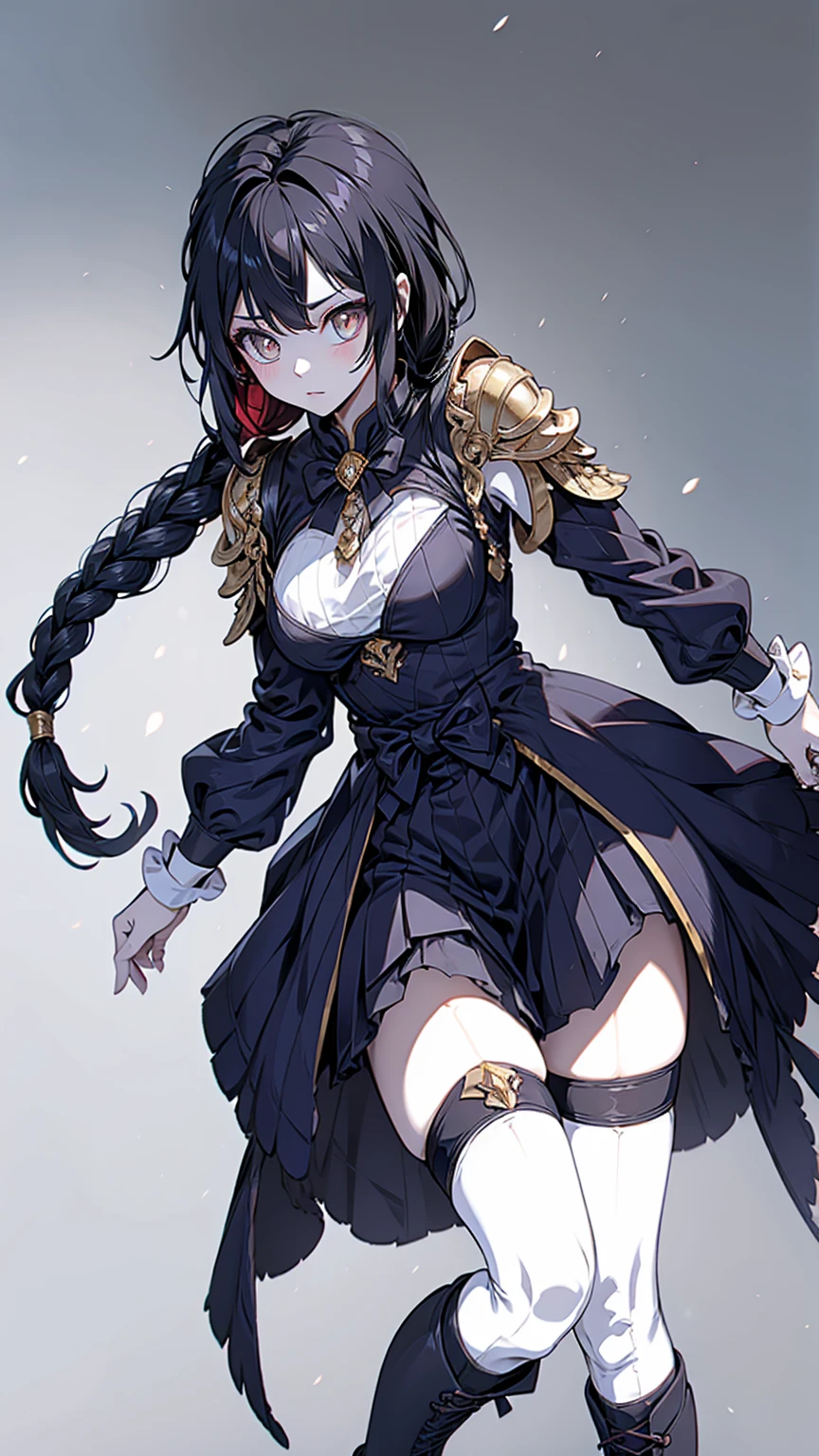 Correct body proportions，Golden ratio，braid，braid，braid，braid，Braid，单侧braid，单条braid，Dress，蓝色Dress，Blue skirt，Off-shoulder装，Off-shoulder，Black Hair，Black Hair，Golden Eyes，Golden pupils，Golden Eyes，Golden Eyes，Golden pupils，White lace trim，White knee socks，White garter stockings，White knee socks，White socks，White tights，White Silk，Waist，Waist，Waist，Black boots，Black boots，Sassy，Handsome，murderous，murderous，Vicious，cool girl，Mature girl，Busty girl，Fantasy style，Fantasy style，Close-up above the waist，Big breasts，Big breasts，Fantasy style，Dark Style，Gothic style
