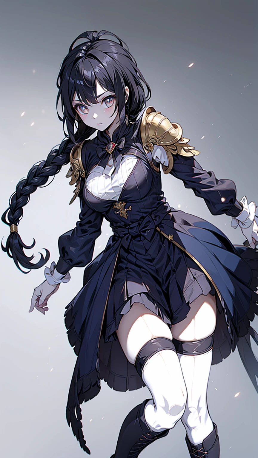 Correct body proportions,Golden ratio,braid,braid,braid,braid,Braid,单侧braid,单条braid,Dress,蓝色Dress,Blue skirt,Off-shoulder装,Off-shoulder,Black Hair,Black Hair,Golden Eyes,Golden pupils,Golden Eyes,Golden Eyes,Golden pupils,White lace trim,White knee socks,White garter stockings,White knee socks,White socks,White tights,White Silk,Waist,Waist,Waist,Black boots,Black boots,Sassy,Handsome,murderous,murderous,Vicious,cool girl,Mature girl,Busty girl,Fantasy style,Fantasy style,Close-up above the waist,Big breasts,Big breasts,Fantasy style,Dark Style,Gothic style
