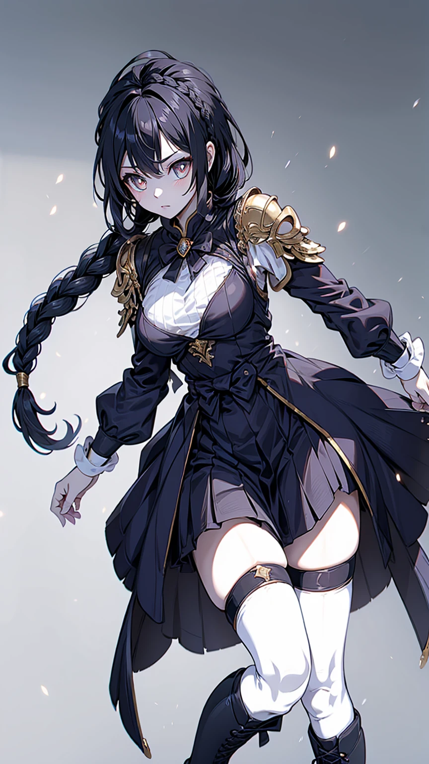 Correct body proportions，Golden ratio，braid，braid，braid，braid，Braid，单侧braid，单条braid，Dress，蓝色Dress，Blue skirt，Off-shoulder装，Off-shoulder，Black Hair，Black Hair，Golden Eyes，Golden pupils，Golden Eyes，Golden Eyes，Golden pupils，White lace trim，White knee socks，White garter stockings，White knee socks，White socks，White tights，White Silk，Waist，Waist，Waist，Black boots，Black boots，Sassy，Handsome，murderous，murderous，Vicious，cool girl，Mature girl，Busty girl，Fantasy style，Fantasy style，Close-up above the waist，Big breasts，Big breasts，Fantasy style，Dark Style，Gothic style