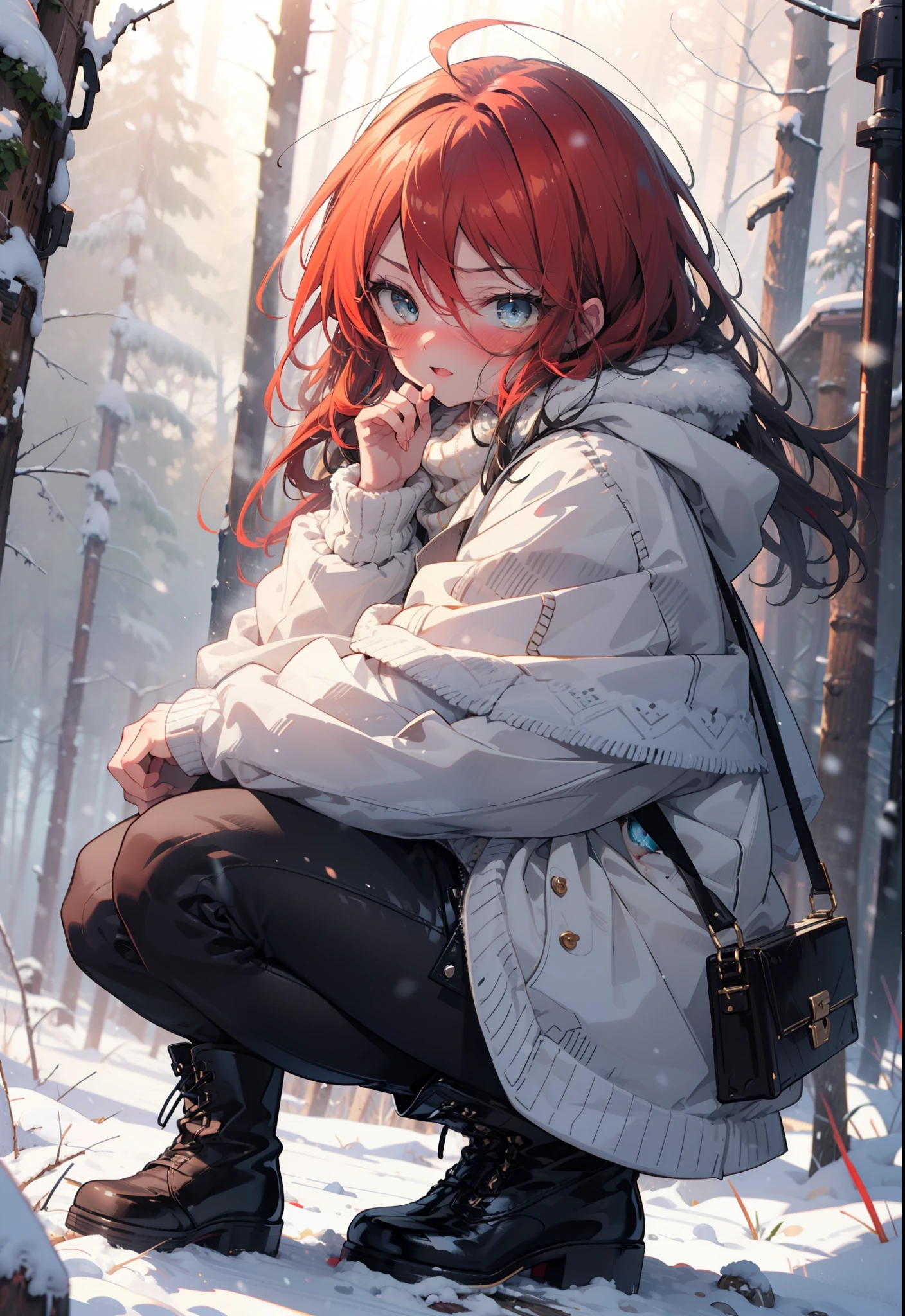 Shana,灼眼のShana,Long Hair, Redhead, Red eyes,Ahoge,,smile,blush,White Breath,
Open your mouth,snow,Ground bonfire, Outdoor, boots, snowing, From the side, wood, suitcase, Cape, Blurred, , forest, White handbag, nature,  Squat, Mouth closed, Cape, winter, Written boundary depth, Black shoes, red Cape break looking at viewer, Upper Body, whole body, break Outdoor, forest, nature, break (masterpiece:1.2), Highest quality, High resolution, unity 8k wallpaper, (shape:0.8), (Beautiful and beautiful eyes:1.6), Highly detailed face, Perfect lighting, Extremely detailed CG, (Perfect hands, Perfect Anatomy),