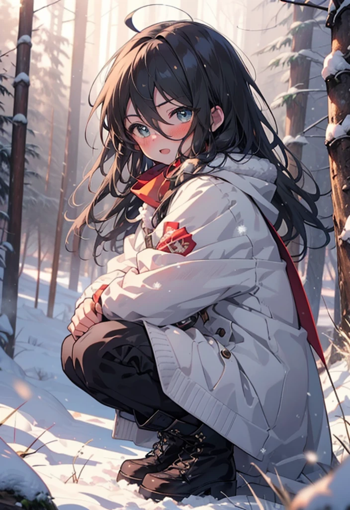 Shana,灼眼のShana,Long Hair, Redhead, Red eyes,Ahoge,,smile,blush,White Breath,
Open your mouth,snow,Ground bonfire, Outdoor, boots, snowing, From the side, wood, suitcase, Cape, Blurred, , forest, White handbag, nature, Squat, Mouth closed, Cape, winter, Written boundary depth, Black shoes, red Cape break looking at viewer, Upper Body, whole body, break Outdoor, forest, nature, break (masterpiece:1.2), Highest quality, High resolution, unity 8k wallpaper, (shape:0.8), (Beautiful and beautiful eyes:1.6), Highly detailed face, Perfect lighting, Extremely detailed CG, (Perfect hands, Perfect Anatomy),